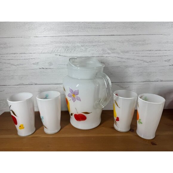 Vintage MCM Bartlett Collins Gay Fad White Frosted Fruit Pitcher & 4 Glasses - Picture 2 of 9